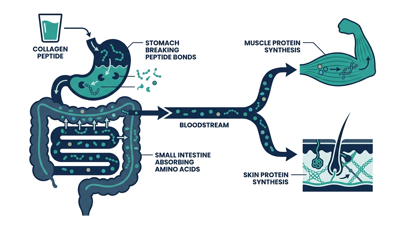 Diagram of collagen peptide protein digestion and absorption pathway to muscle and skin