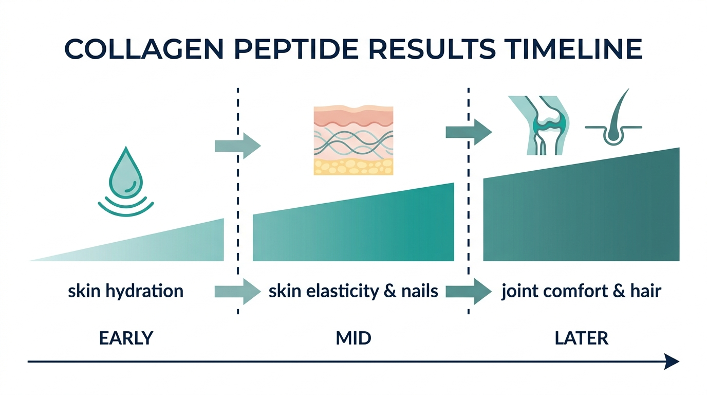 Schematic timeline showing early, mid, and later phases of collagen peptide results