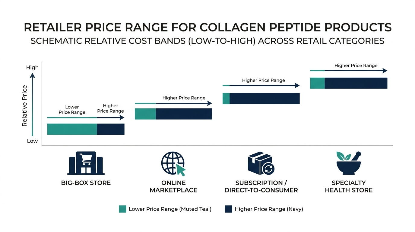 Price comparison chart of relative cost bands for collagen peptide products across big-box stores, online marketplaces, subscription services, and specialty health stores