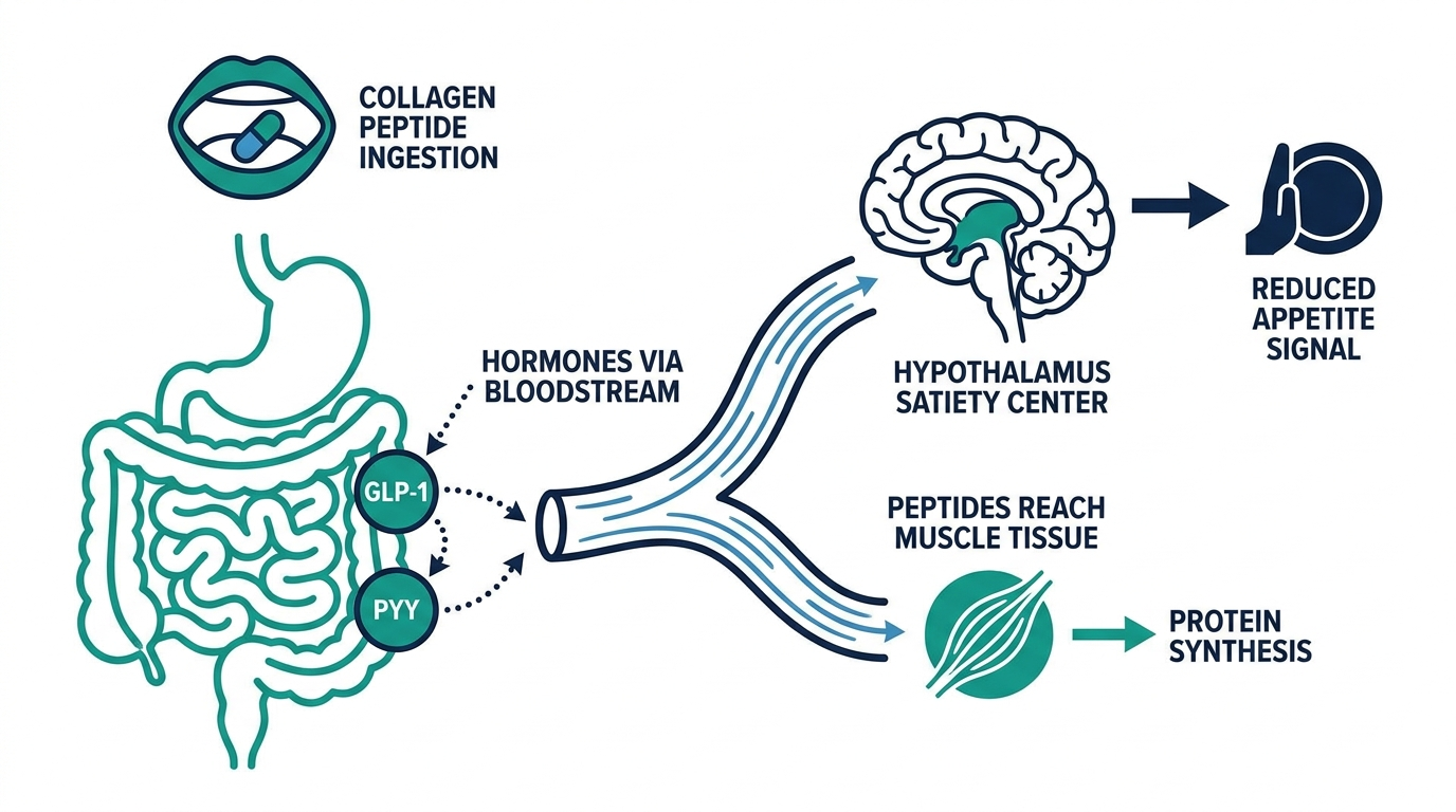 Diagram showing collagen peptide ingestion triggering gut hormone release and brain satiety signaling