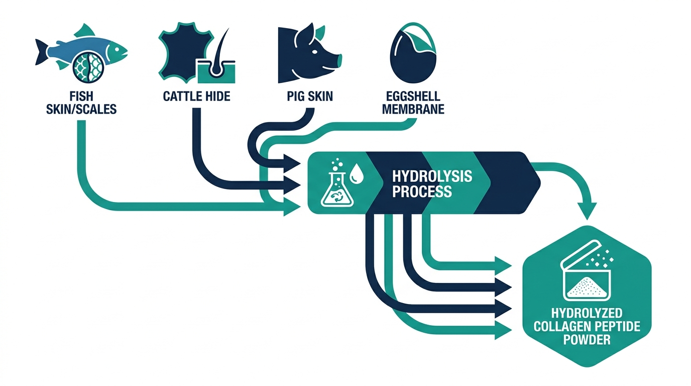 Branching diagram showing fish, cattle, pig, and eggshell membrane sources converging through hydrolysis into collagen peptide powder