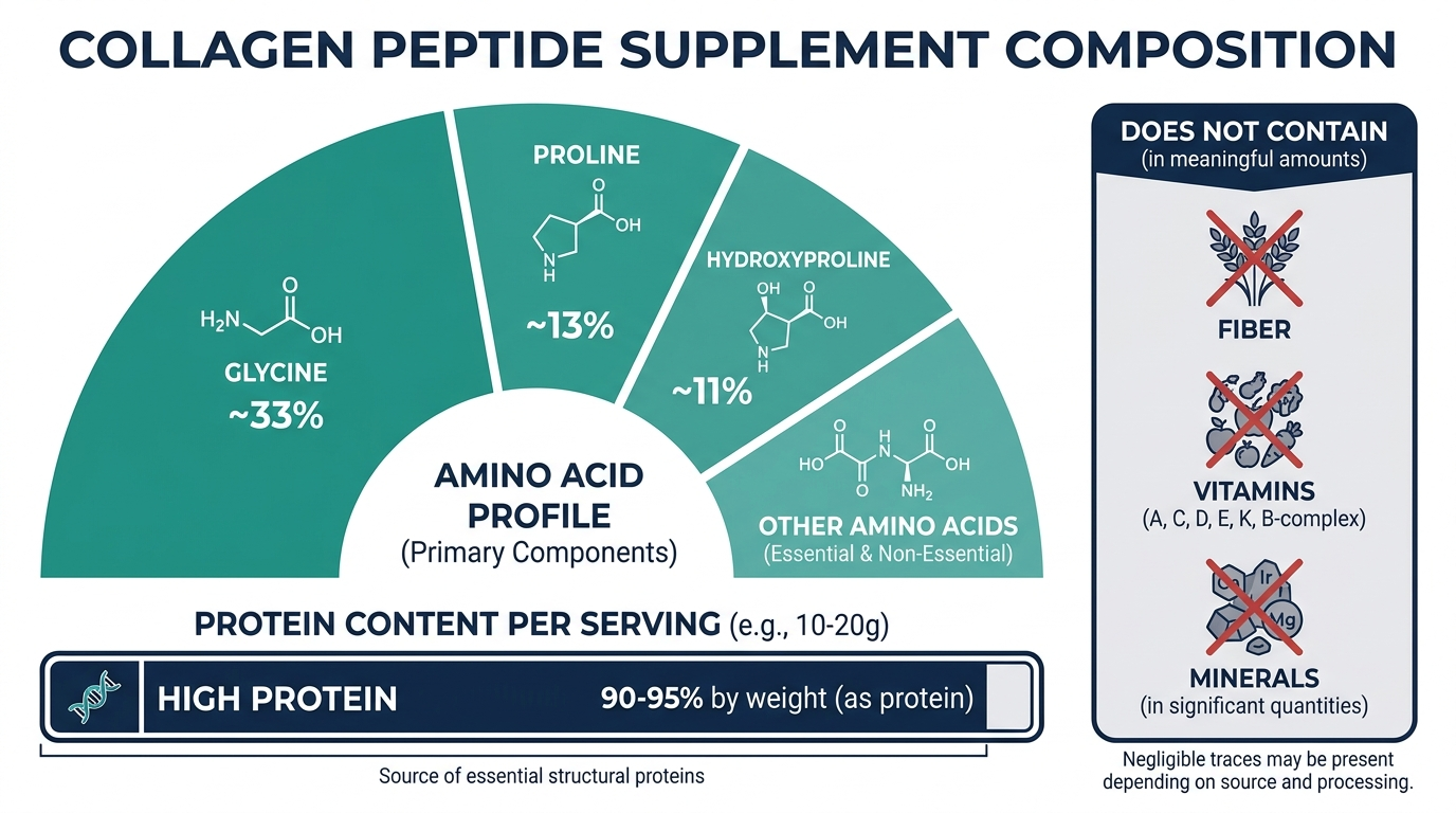 Nutrition label style diagram showing collagen peptide supplement composition, including amino acid profile and what it does not contain