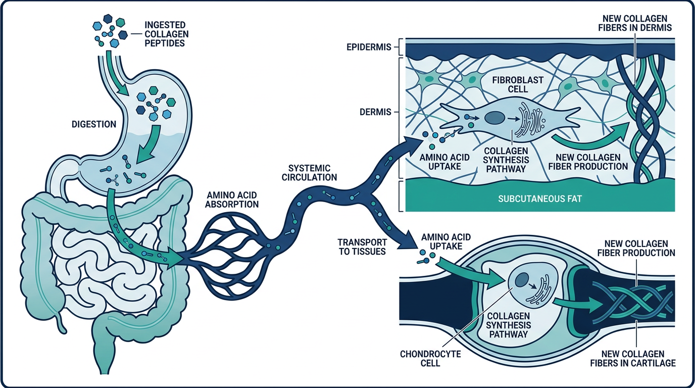 Cross-section diagram of skin and joint tissue showing the collagen synthesis pathway from ingested peptides to new collagen fibers