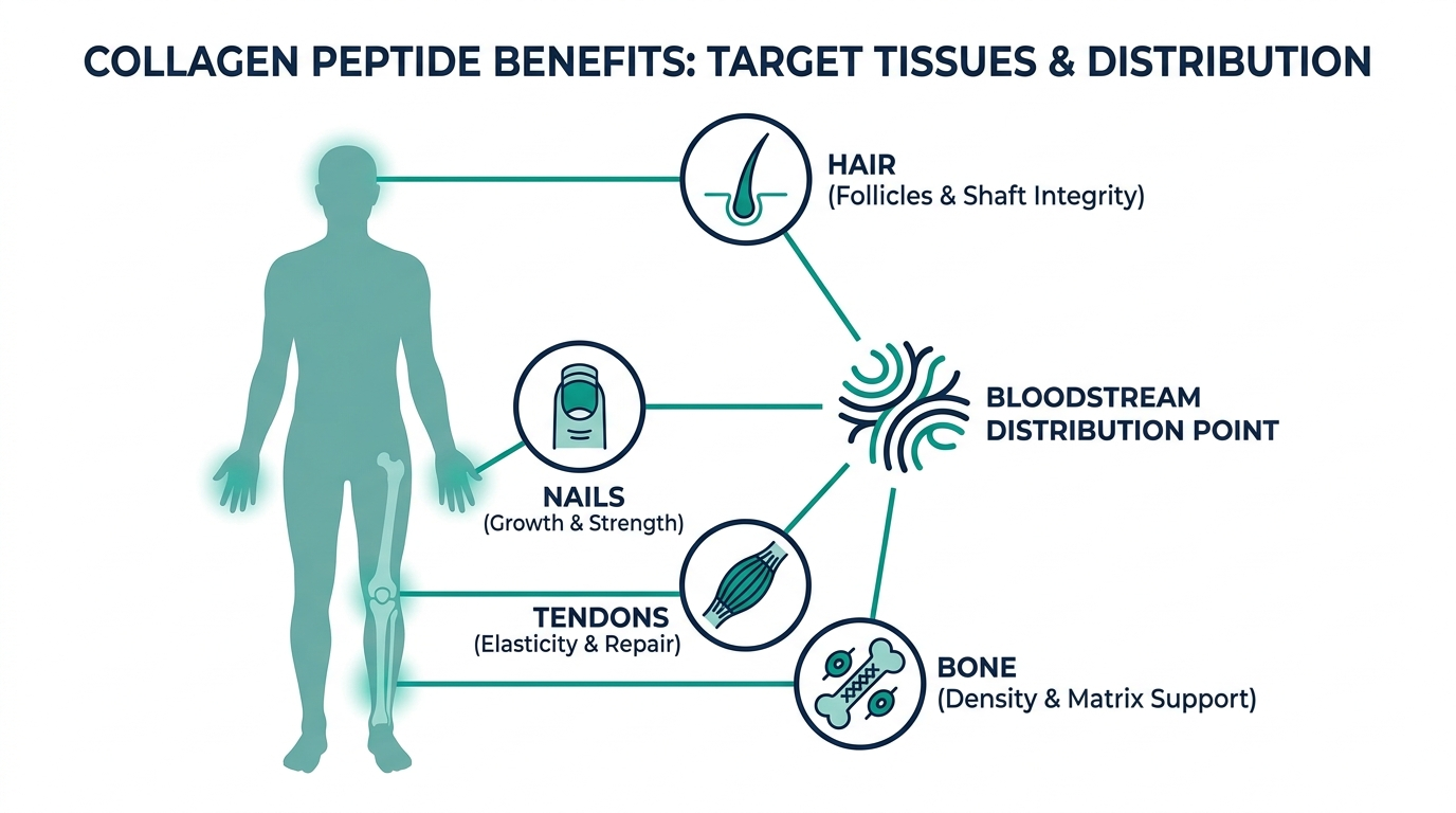 Body diagram highlighting hair, nails, tendons, and bone as target tissues for collagen peptide benefits