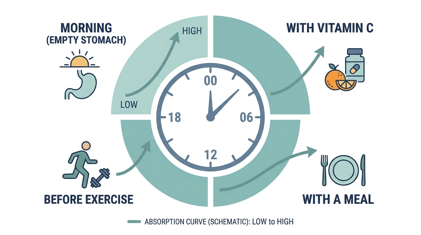 Schematic 24-hour clock chart comparing collagen peptide absorption across different timing scenarios