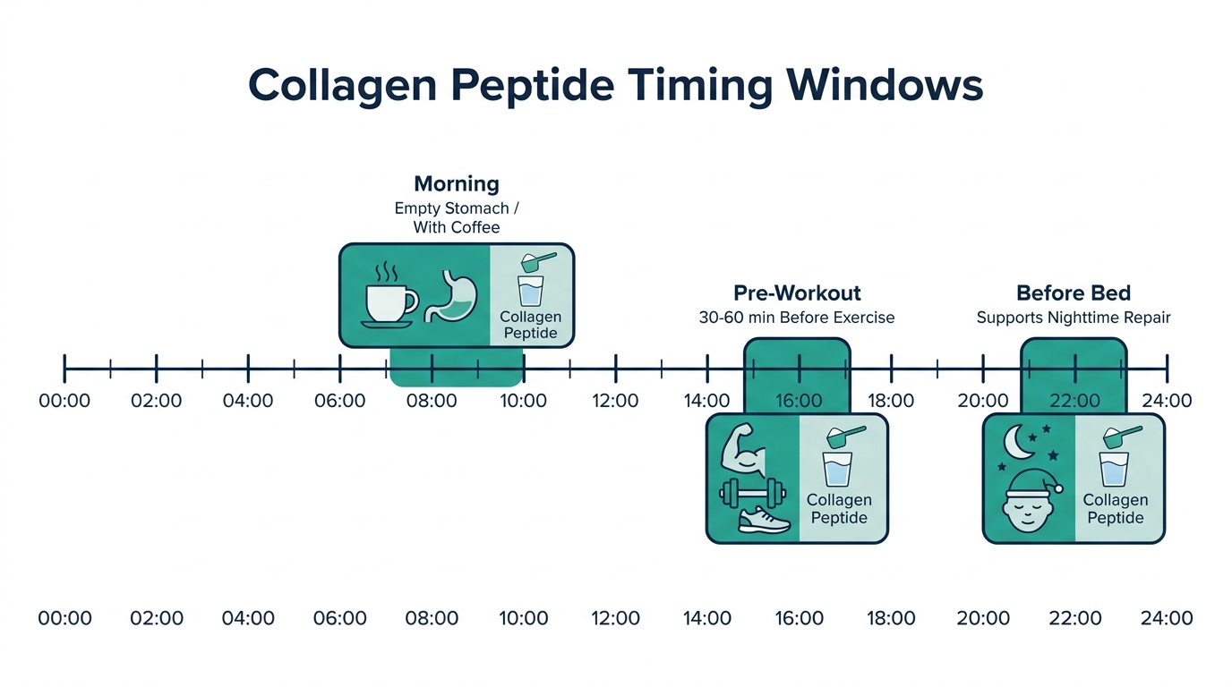 Schematic 24-hour timeline highlighting morning, pre-workout, and before-bed windows for taking collagen peptides