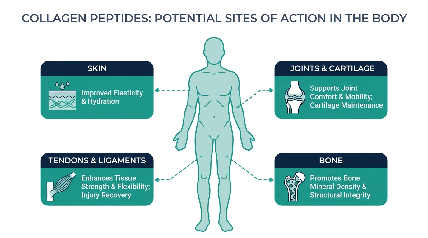 Diagram of a body silhouette showing where collagen peptides may act, including skin, joints and cartilage, tendons and ligaments, and bone