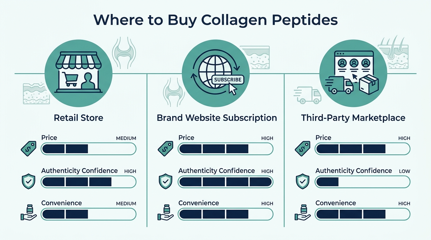 Comparison chart of retail, brand website, and marketplace channels for buying collagen peptides