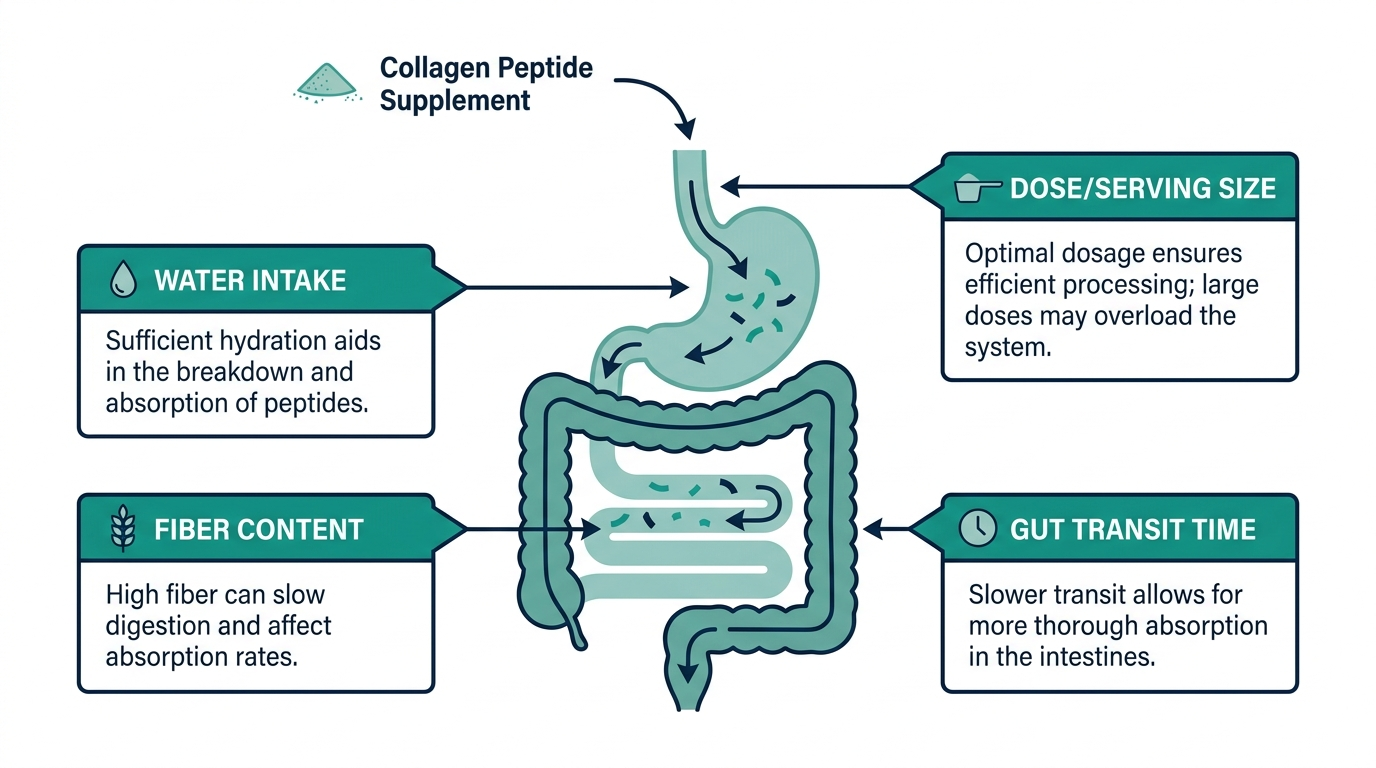 Diagram of the digestive tract showing a collagen peptide supplement moving through the stomach and intestines, with callouts for water intake, fiber, dose, and gut transit time