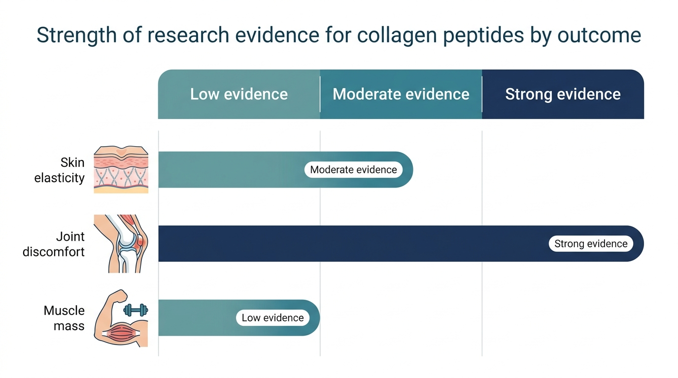 Chart comparing the strength of research evidence for collagen peptides across skin elasticity, joint discomfort, and muscle mass outcomes