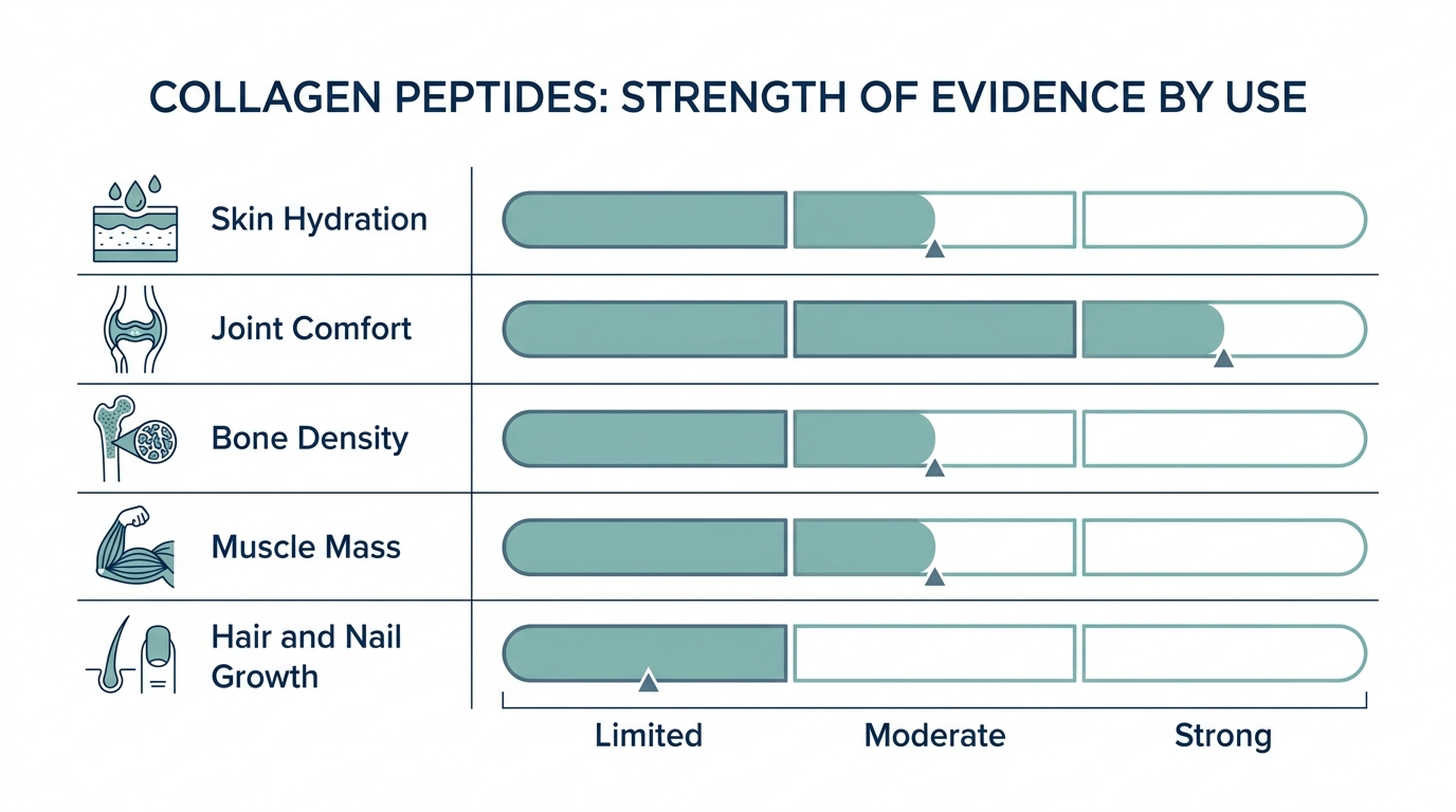 Chart rating the strength of evidence for collagen peptide benefits across skin hydration, joint comfort, bone density, muscle mass, and hair and nail growth