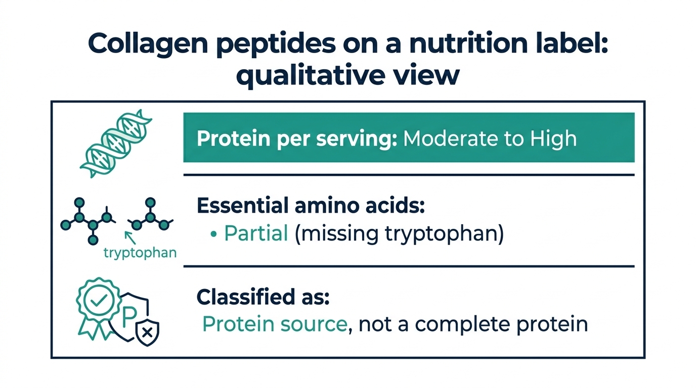Nutrition-label-style chart summarizing collagen peptides as a moderate to high protein source with a partial essential amino acid profile, classified as a protein source rather than a complete protein