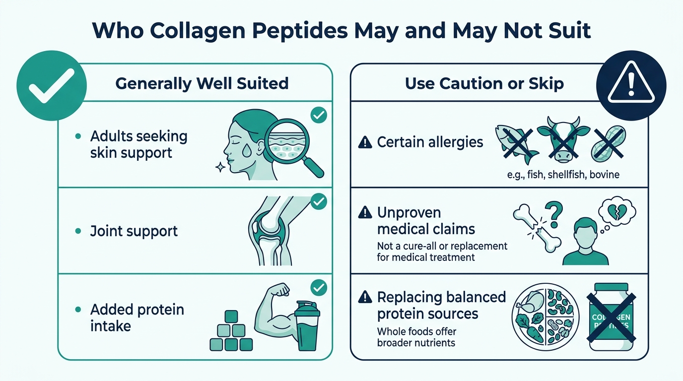 Chart comparing who collagen peptides are generally well suited for versus who should use caution or skip them