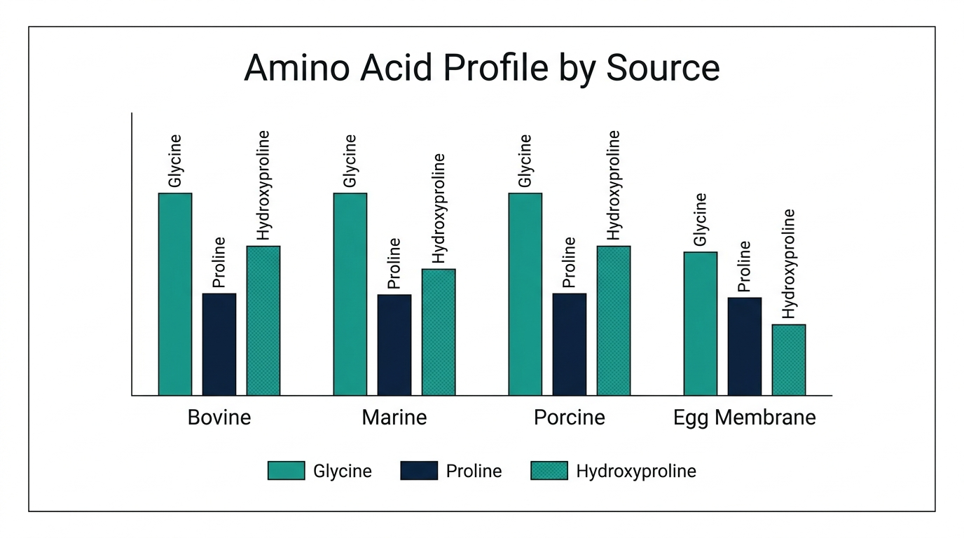 Schematic chart comparing amino acid profile of collagen from bovine, marine, porcine, and egg membrane sources