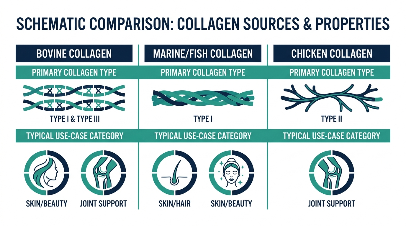 Comparison chart of bovine, marine, and chicken collagen sources by collagen type and typical use case