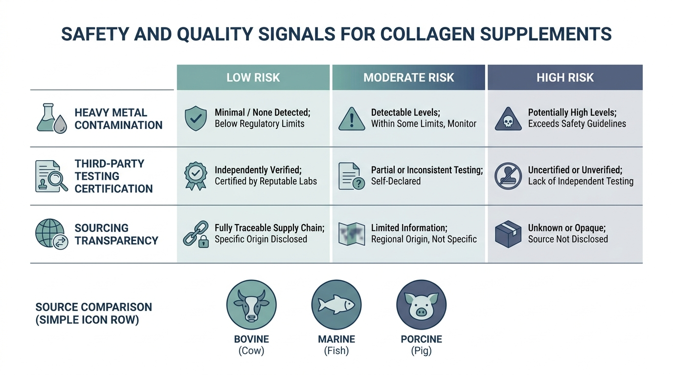 Schematic chart comparing safety and quality signals for collagen supplements, including contamination risk, third-party testing, and sourcing by collagen type