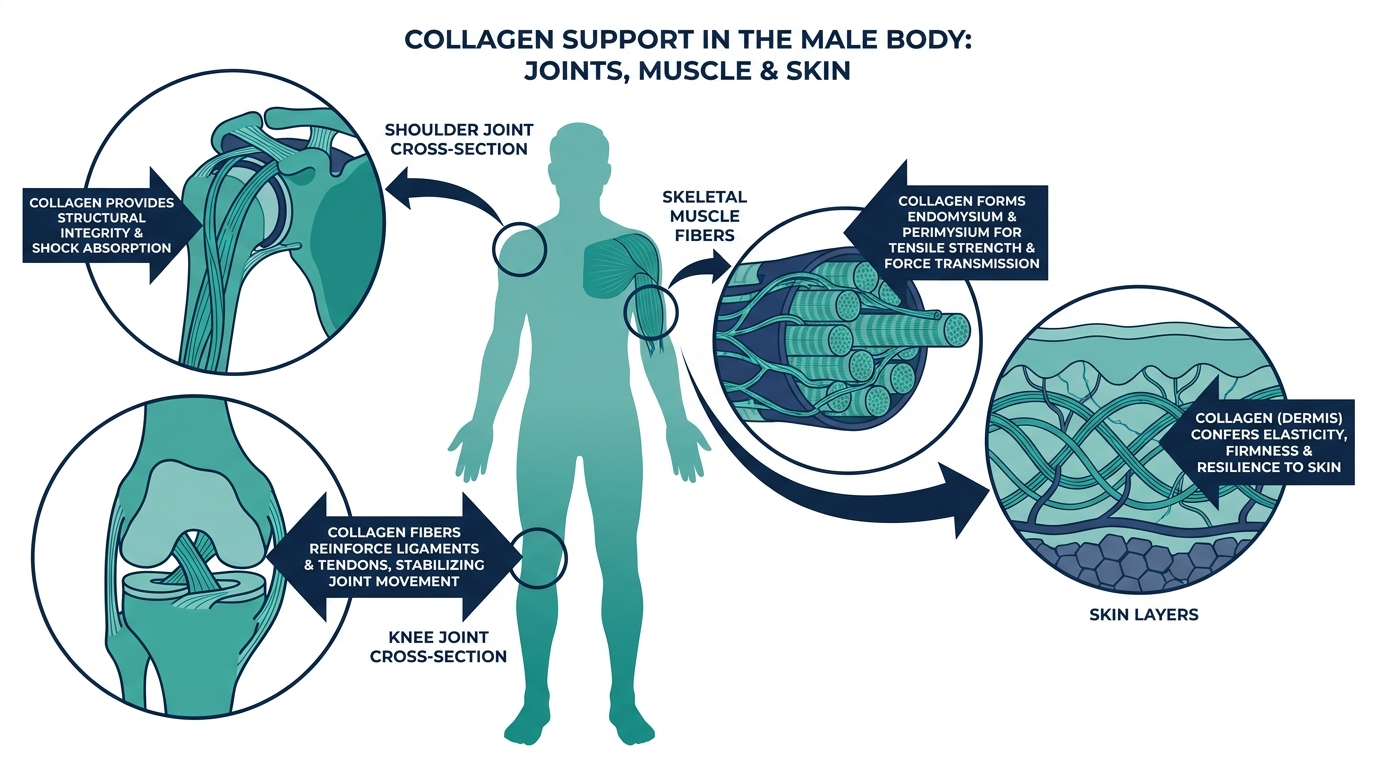 Diagram of the male body highlighting joints, skeletal muscle, and skin as tissue areas structurally supported by collagen