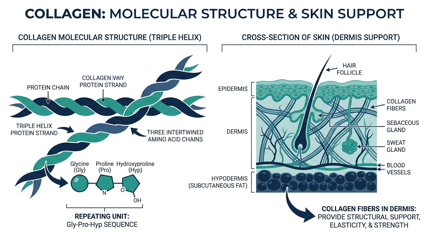 Diagram of collagen's triple helix molecular structure alongside a cross-section of skin showing collagen fibers in the dermis