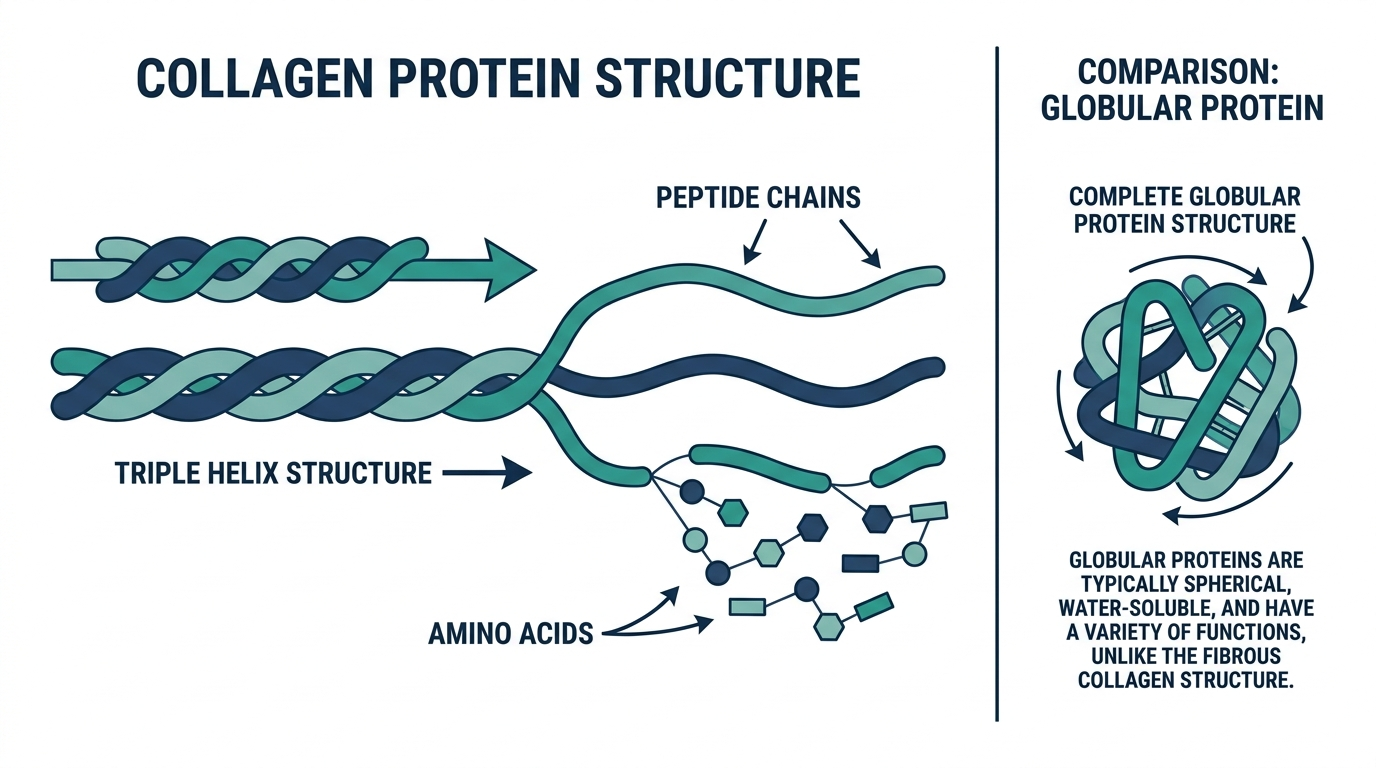 Diagram of collagen's triple helix structure unwinding into peptide chains and amino acids, compared with a generic globular complete protein structure