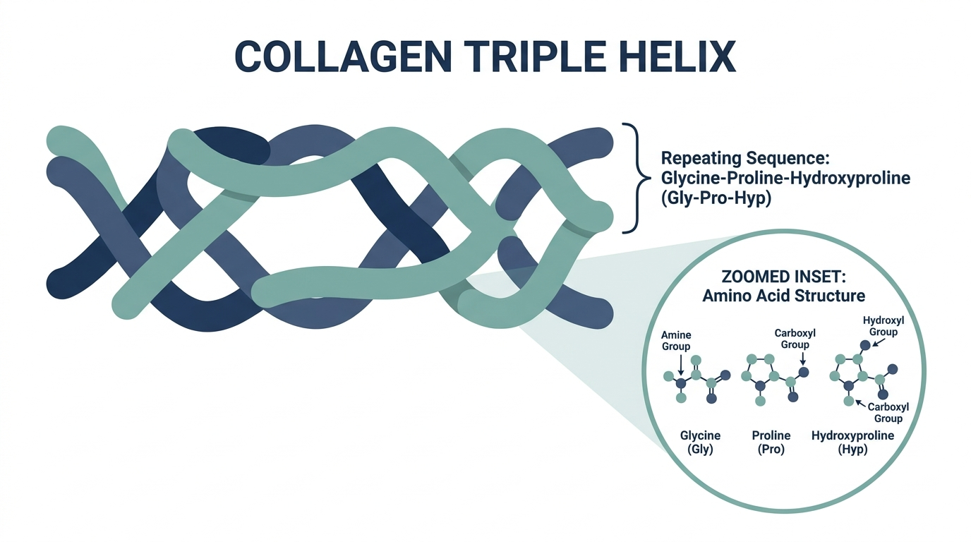 Molecular diagram of the collagen triple helix showing the repeating glycine-proline-hydroxyproline amino acid sequence