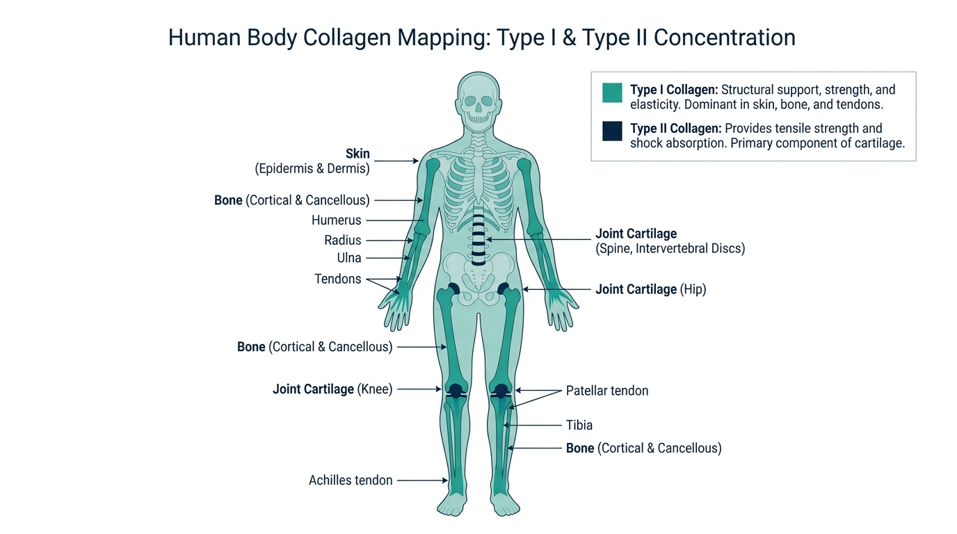 Body map showing where Type I collagen (skin, bone, tendon) and Type II collagen (cartilage) are concentrated