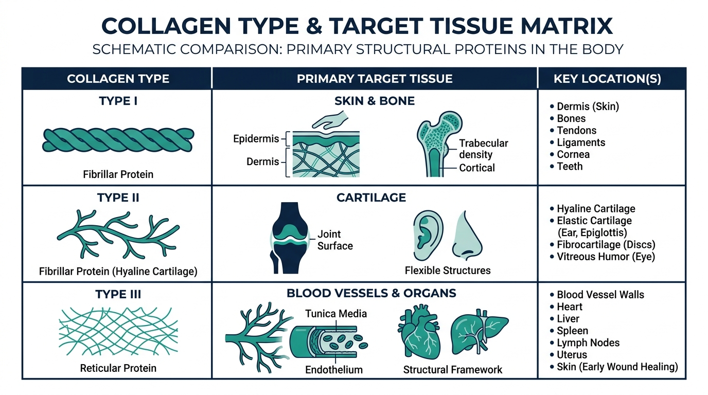 Matrix chart comparing collagen Type I, Type II, and Type III with their primary target tissues
