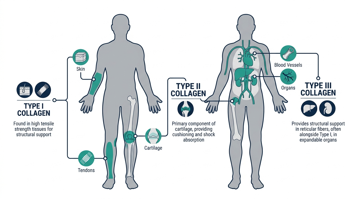 Anatomical diagram of the human body showing where Type I, II, and III collagen are located