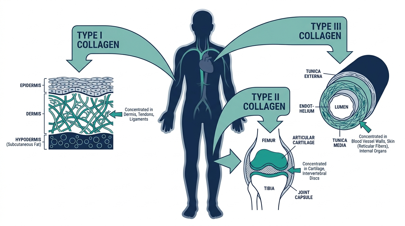 Anatomical diagram showing where collagen Type I, Type II, and Type III are located in the body