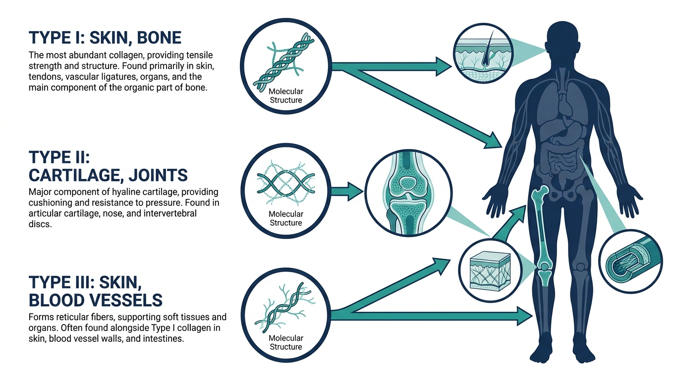Diagram of the three main collagen types in the body: Type I in skin and bone, Type II in cartilage, Type III in skin and blood vessels