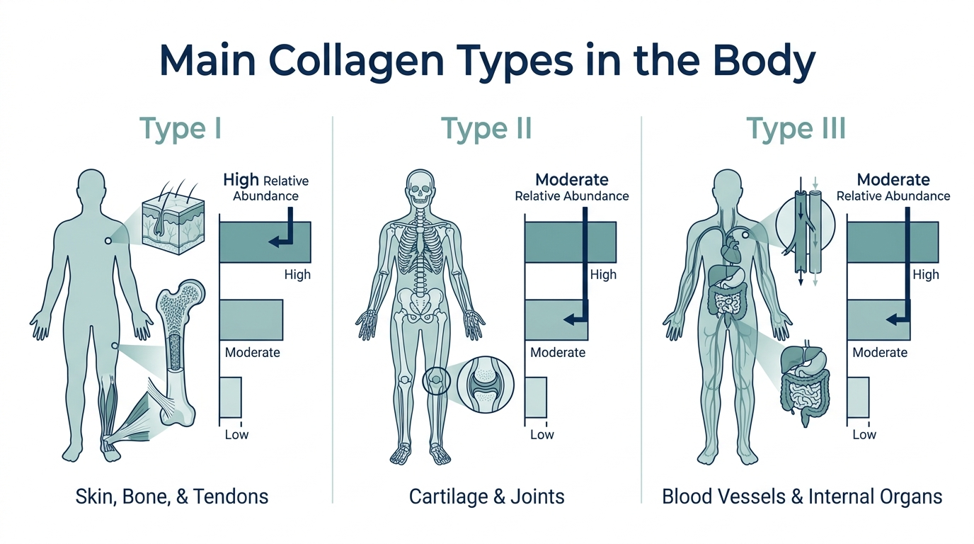 Chart of main collagen types in the body: Type I in skin and bone, Type II in cartilage, Type III in blood vessels and organs