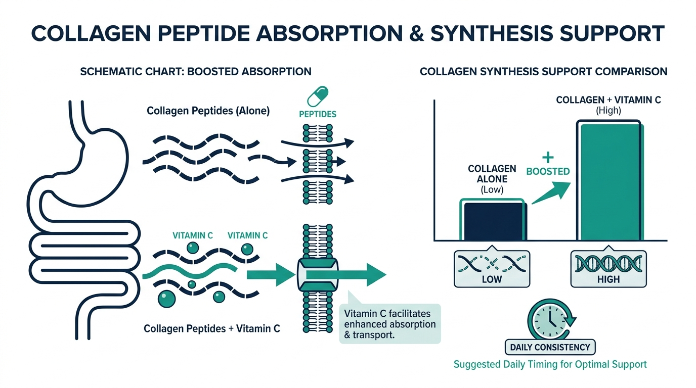 Schematic chart comparing collagen synthesis support with collagen peptides alone versus paired with vitamin C, plus a timing consistency icon