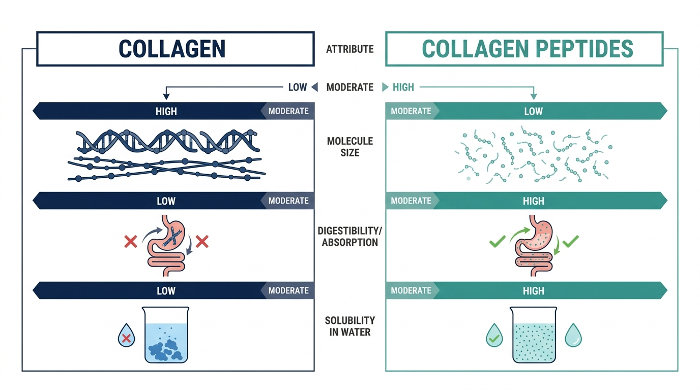 Schematic comparison chart of collagen versus collagen peptides by molecule size, absorption, and solubility