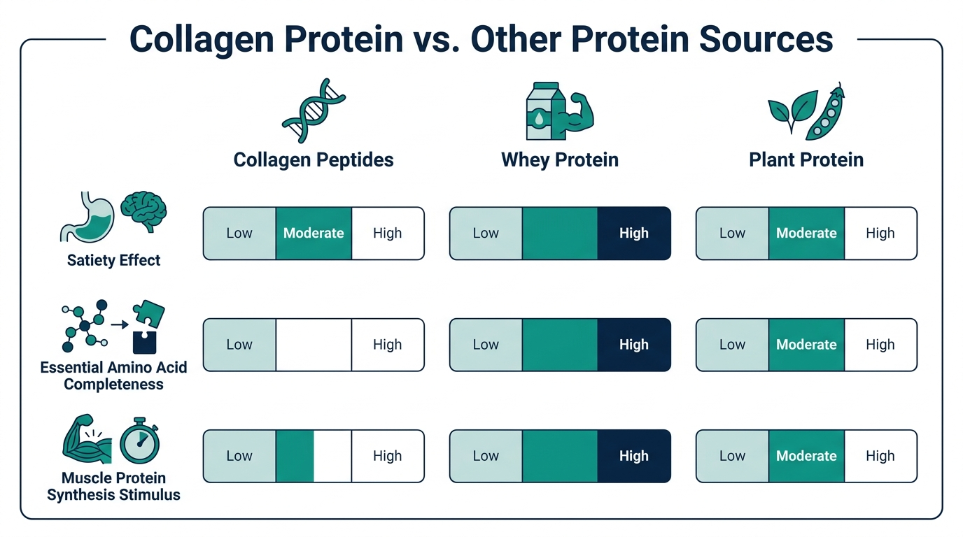 Chart comparing collagen peptides, whey protein, and plant protein on satiety and amino acid completeness