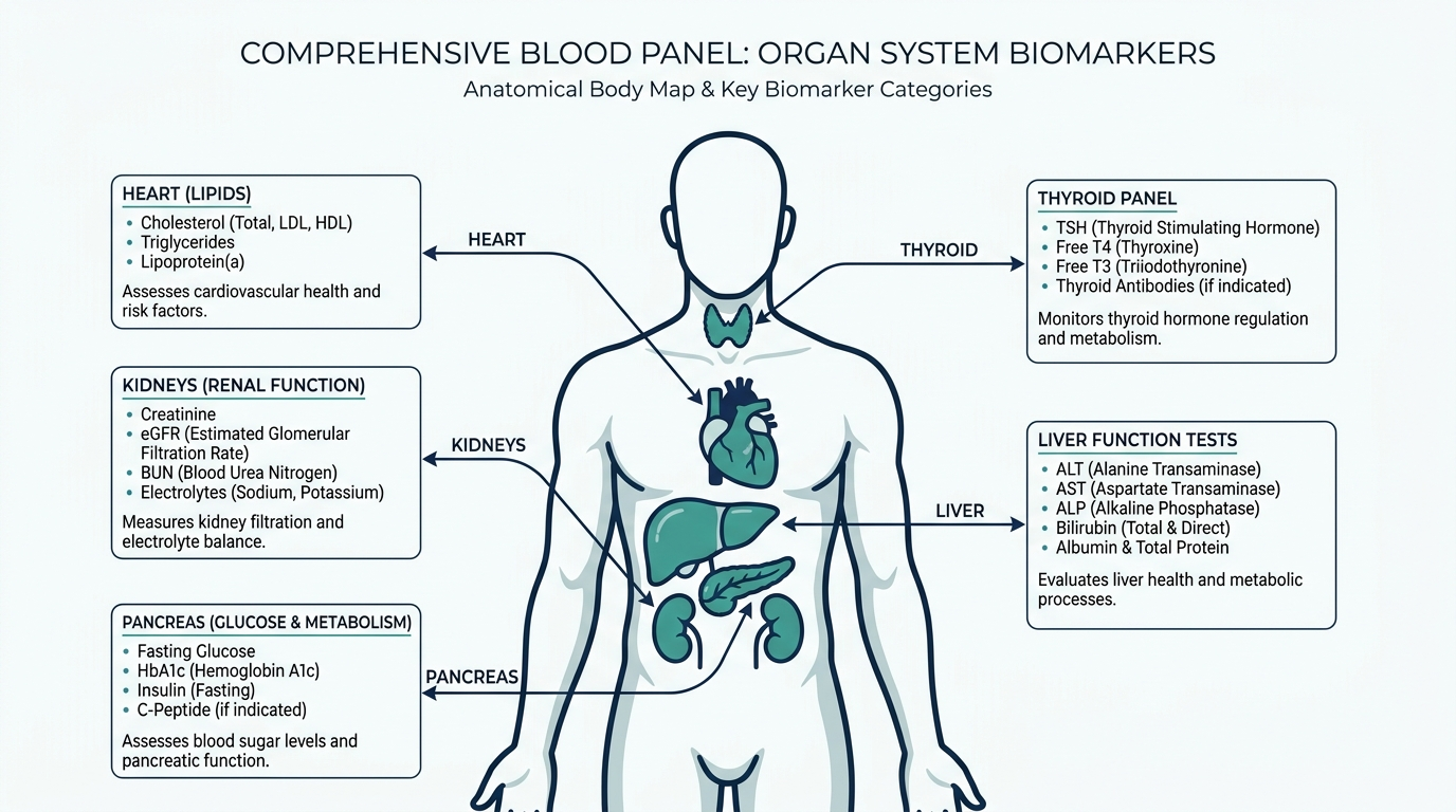 Anatomical body map showing major organ systems assessed in a comprehensive blood panel, including heart, liver, kidneys, thyroid, and pancreas
