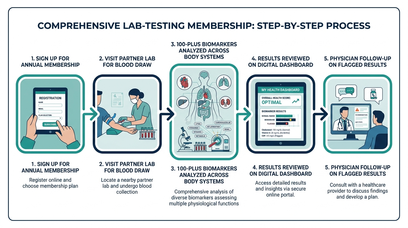 Five-step diagram showing how a comprehensive lab-testing membership works, from sign-up to physician follow-up