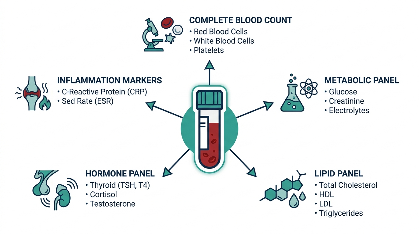Hub-and-spoke diagram showing a blood vial connected to five lab panel categories: CBC, metabolic, lipid, hormone, and inflammation markers