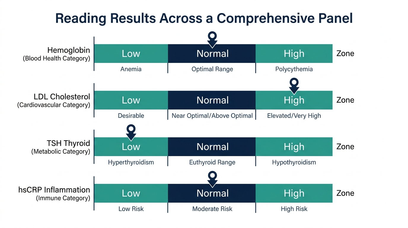 Schematic chart showing low, normal, and high reference bands for hemoglobin, LDL, TSH, and hsCRP