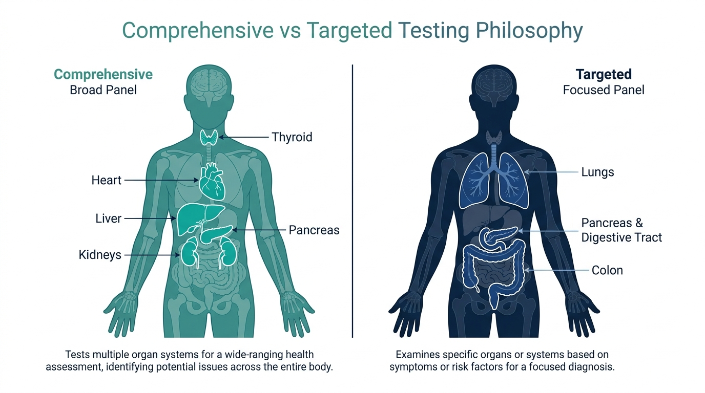 Split body diagram contrasting a comprehensive multi-organ panel with a targeted panel
