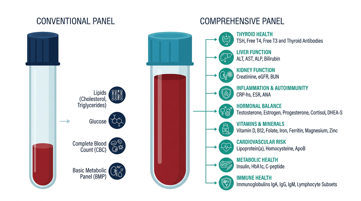 Two blood vials compared, a short-list conventional panel versus a long-list comprehensive panel covering multiple organ systems