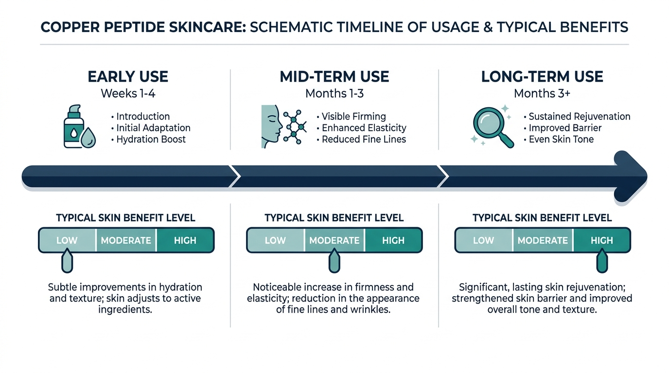 Timeline chart showing schematic benefit level of copper peptide skincare across early, mid-term, and long-term use