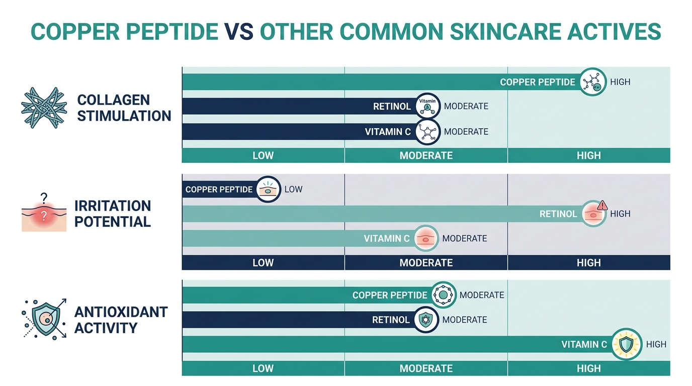 Schematic chart comparing copper peptide, retinol, and vitamin C on collagen stimulation, irritation, and antioxidant activity