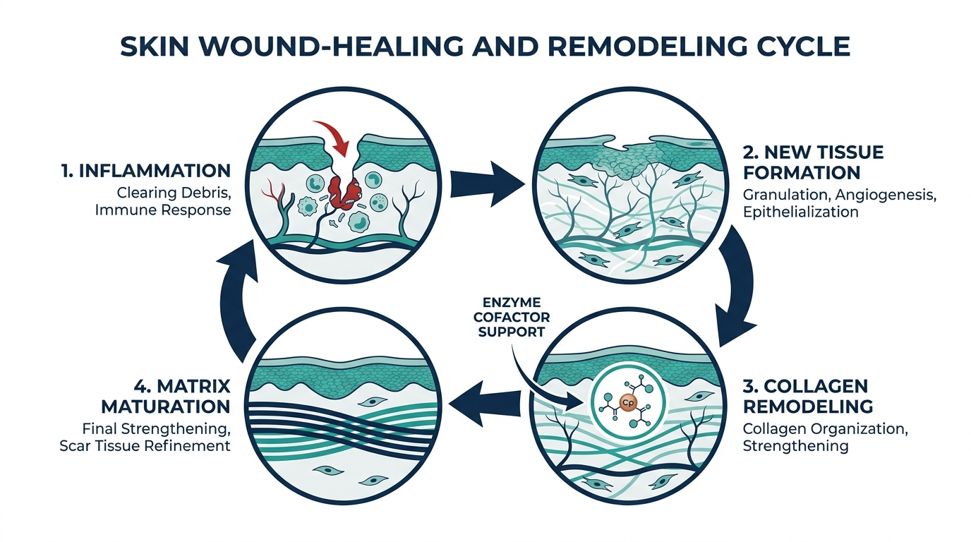 Diagram of the skin wound-healing cycle with copper peptide supporting the collagen remodeling stage