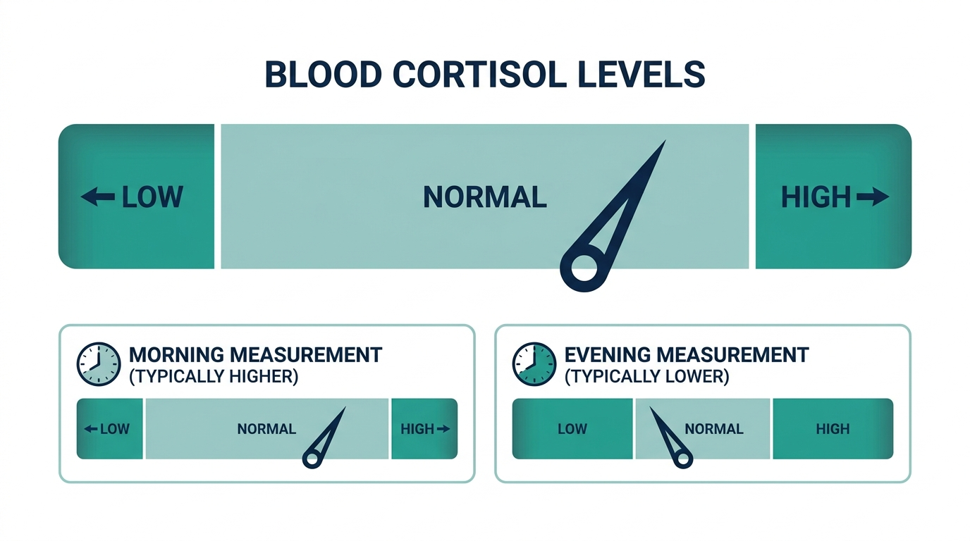 Schematic reference range chart showing low, normal, and high bands for blood cortisol, noting that ranges differ between morning and evening
