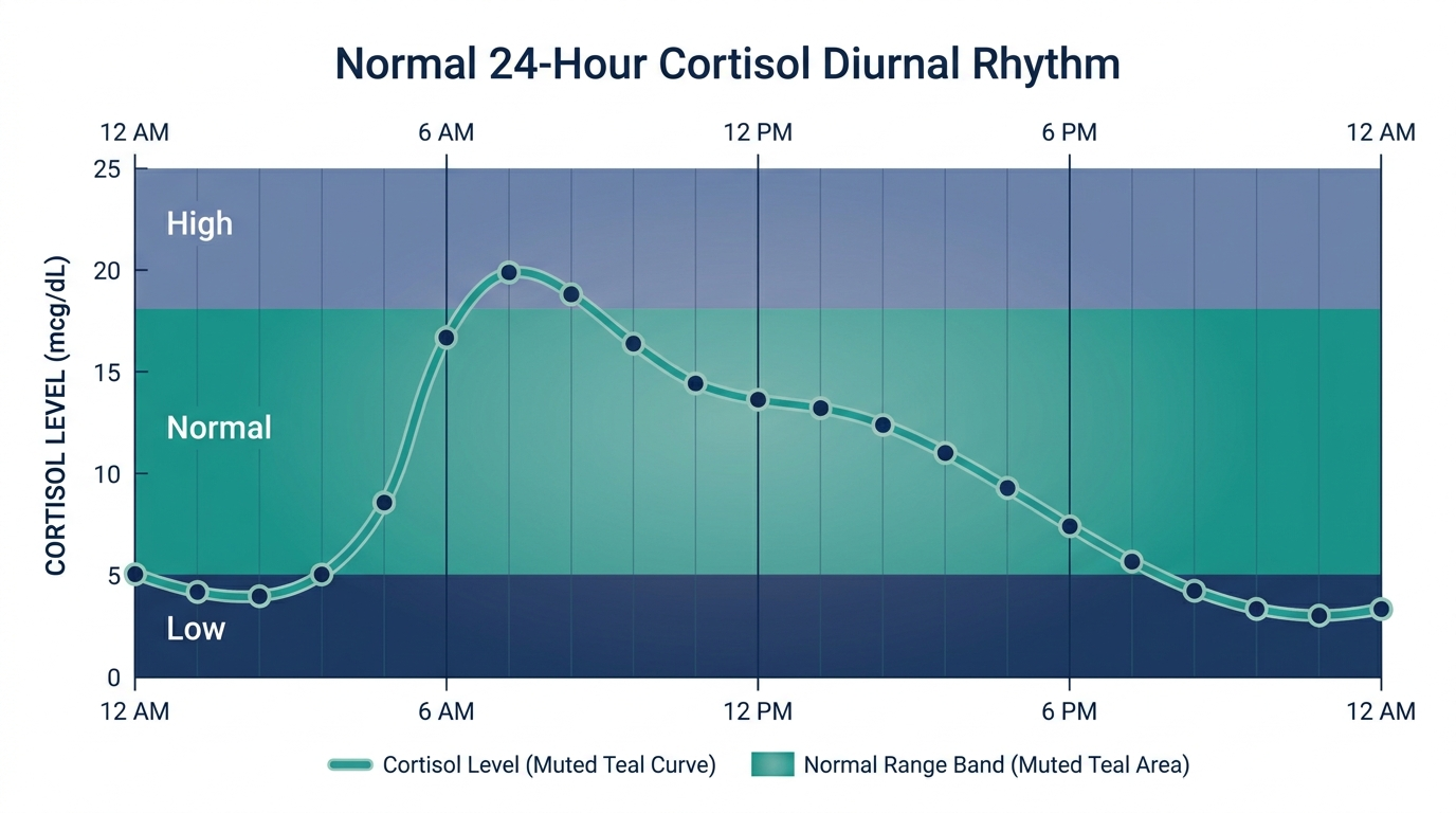 Chart showing the normal 24-hour cortisol curve peaking in the morning and dropping at night, overlaid with low, normal, and high reference bands