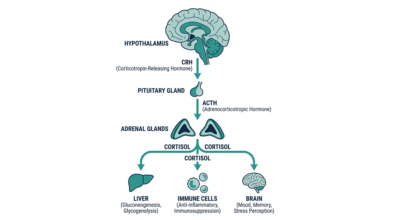 Diagram of the HPA axis showing CRH, ACTH, and cortisol release acting on the liver, immune cells, and brain