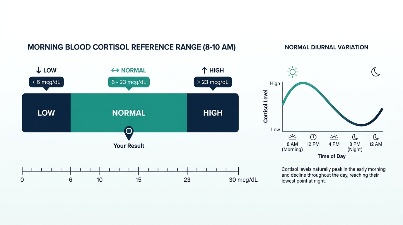 Chart showing low, normal, and high cortisol reference bands alongside normal morning-to-night diurnal variation