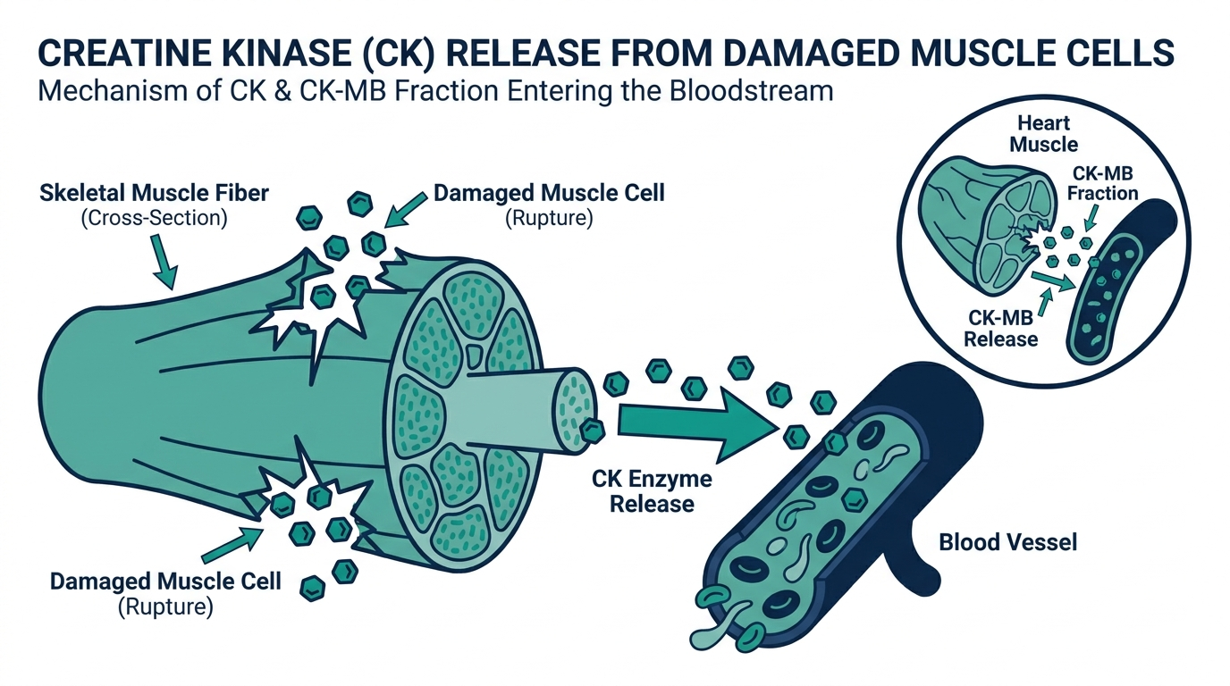 Diagram of creatine kinase release from damaged skeletal muscle and heart muscle