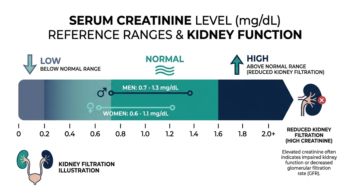 Reference range chart showing low, normal, and high creatinine levels for men and women