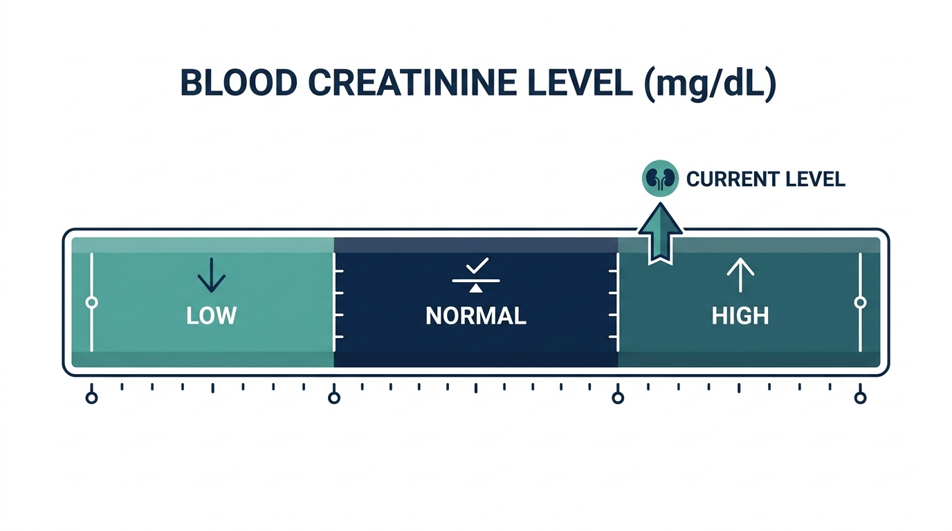 Schematic reference-range chart for blood creatinine levels showing Low, Normal, and High bands