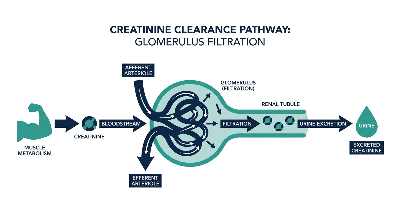 Diagram of creatinine clearance pathway from muscle metabolism through the bloodstream, kidney glomerulus filtration, and urine excretion